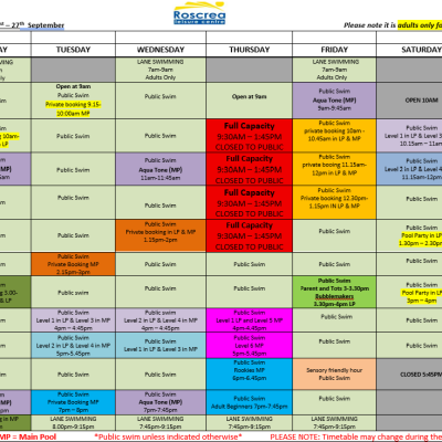 Pool Timetable 21st – 27th September (Subject to changes). Please note the pool will be at Full Capacity on Thursday 24th September from 9.30am – 1.45pm.